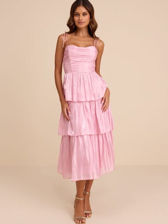 Lulus Dresses & Skirts - Lulus Tennon Light Pink Plisse Tiered Midi Dress - Size M
